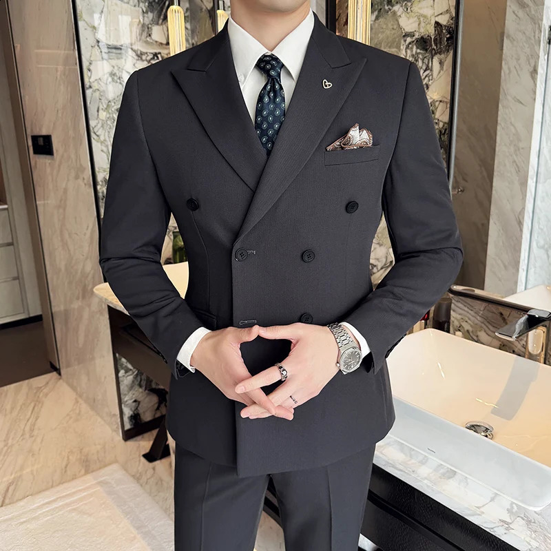 Brown Double breasted Mens Casual Set Three piece Wedding Dress Suitable for Groom and Special Occasions 250408