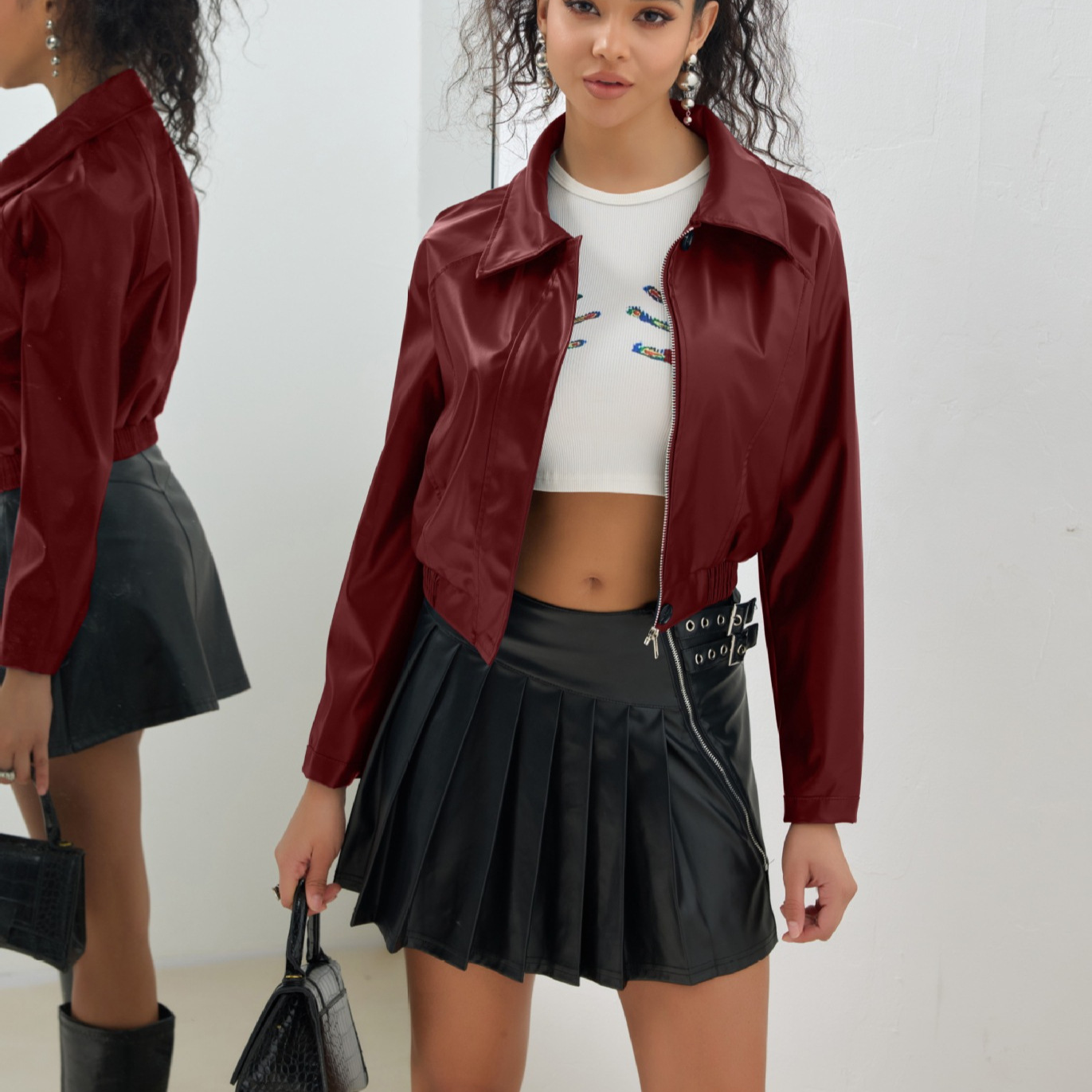 Women's clothing 2025 new short zipper PU American casual motorcycle leather jacket