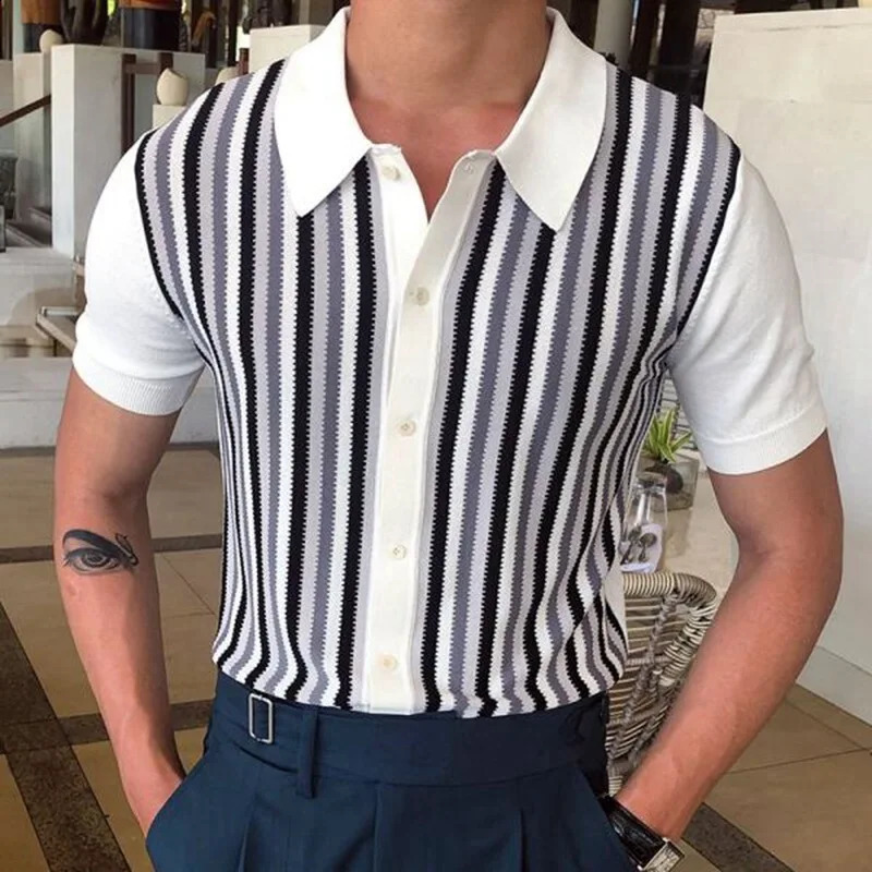 Mens summer business knitted short sleeved polo shirt streetwear with breathable button down stripes fashionable and lightweight retro shirt 250410