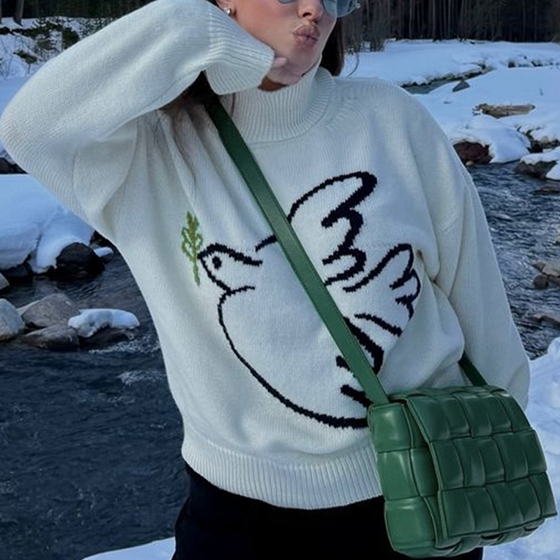 Women's solid-color jacquard sweater, high-neck comfortable street-style long-sleeved sweater, peace dove jacquard, fall clothes christmas sweate