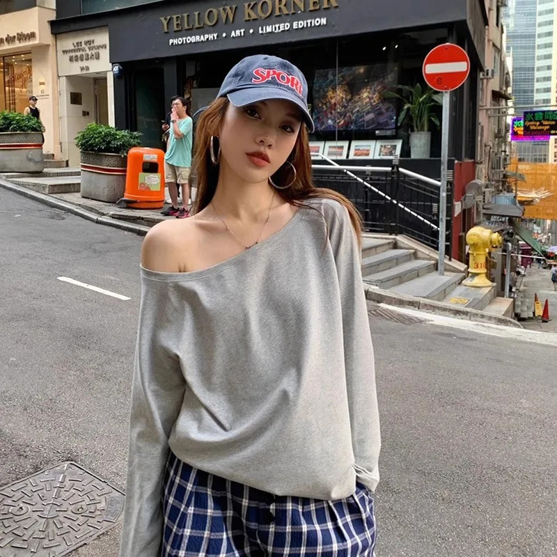 No Hat Hoodies Women Autumn Sexy Spicy Girls Solid Simple Basic Off Shoulder Baggy Cozy Streetwear Korean Style Prevalent Cool 250410