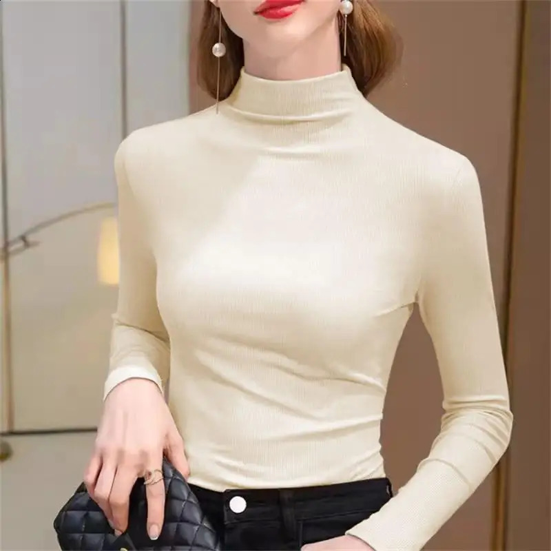 Womens elastic semi high neck solid ribbon top long sleeved tight bottom basic shirt casual clothing autumn 250411Z