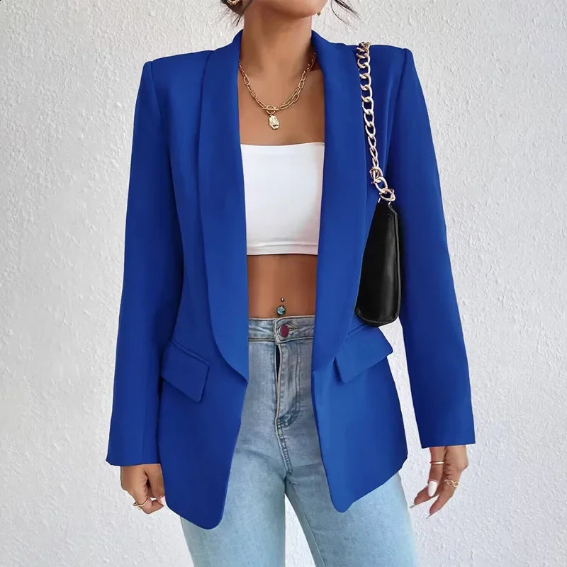 Spring womens solid polyester cotton non stretch long sleeved office jacket fashion outerwear 250407