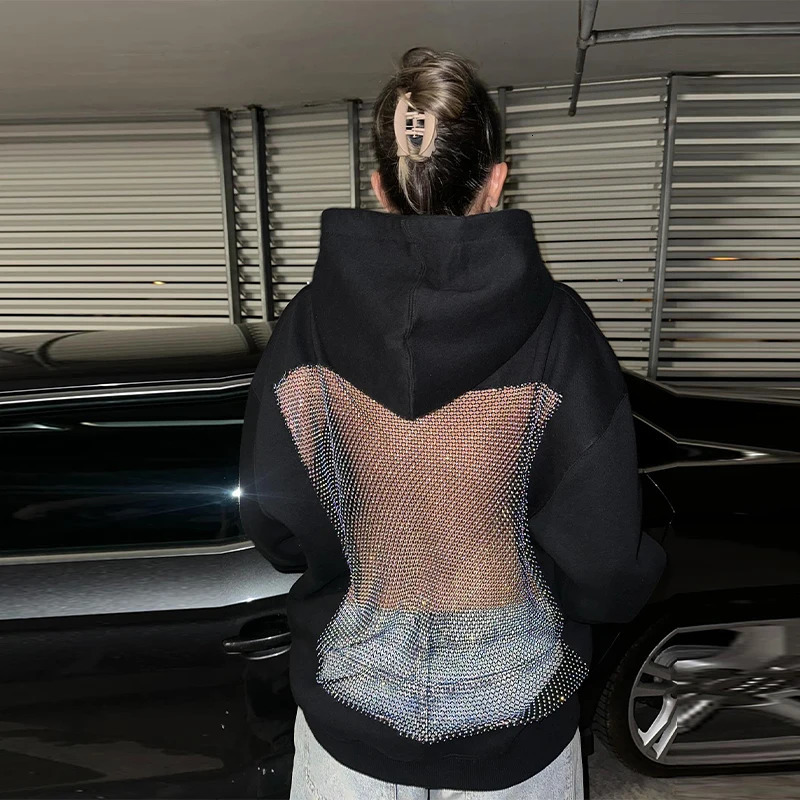 Women Backless Long Sleeve Gothic Sweatshirt Sexy Hollow Mesh Hoodie Shiny Translucent Y2K Pullover Lady Spicy Girl Top 251105