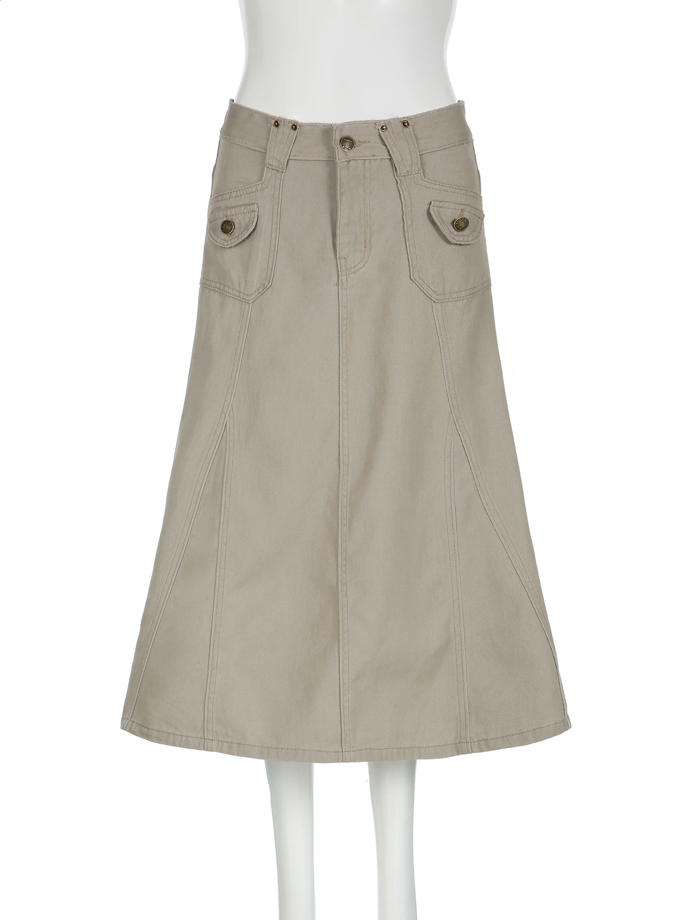 IAMSURE Safari style large pocket A-Line skiing casual slim mid waist long skirt for women summer fashion streetwear for women 250408
