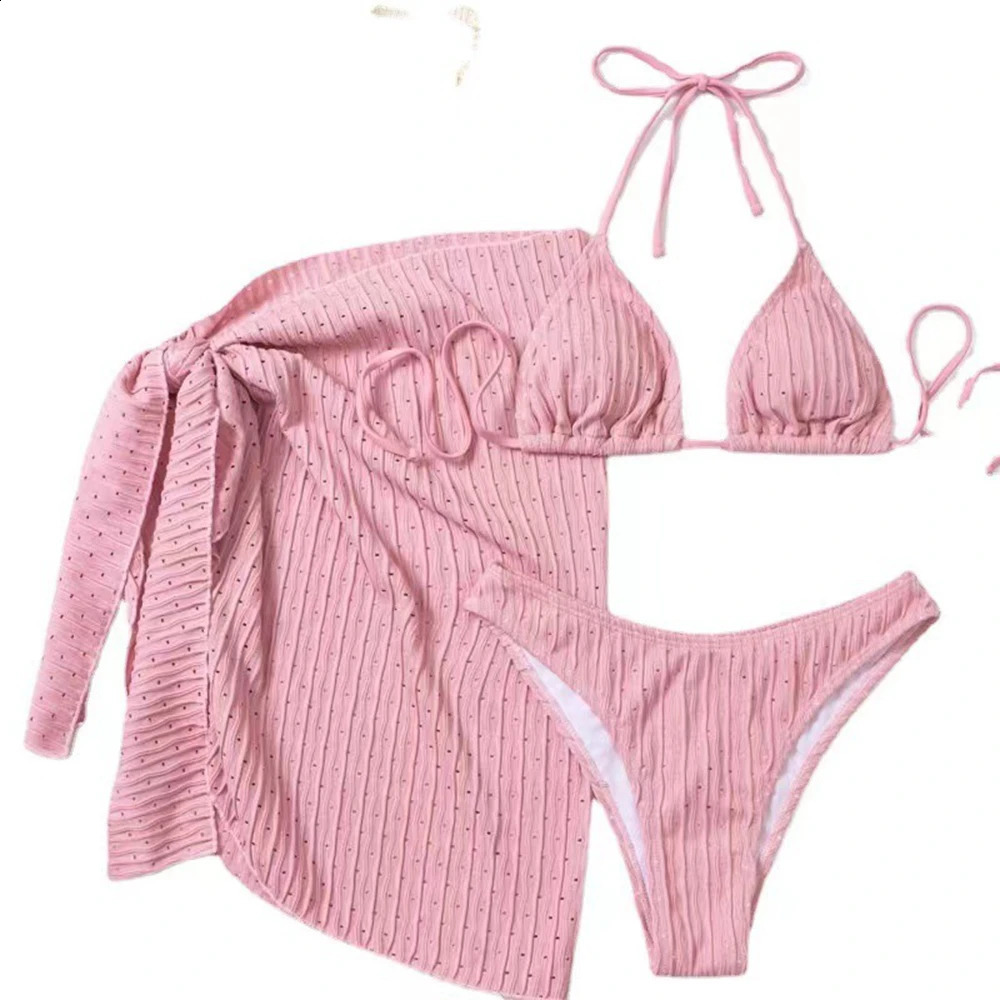 Summer Halter Bikini 3 Pieces Women Special Material Sexy Thong Swimwear With Sarong Skirt WhiteBlackPinkGreen Beachwear 250410