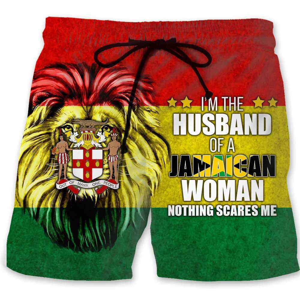 Jamaican Lion Badge Graphic Beach Shorts for Men 3D Printed Jamaican Flag Swimsuit Family Summer Hawaiian Swimsuit Cool Ice ShortsW250410
