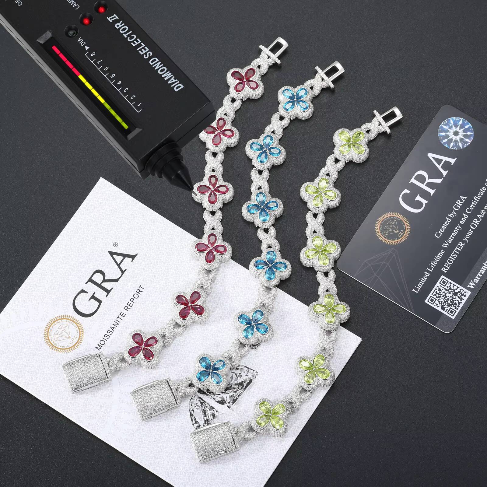 Fashion Mens Jewelry 17mm 925 Sterling Silver VVS Moissanite Diamond Colorful Iced Out Four Leaf Clover Infinity Link Bracelet