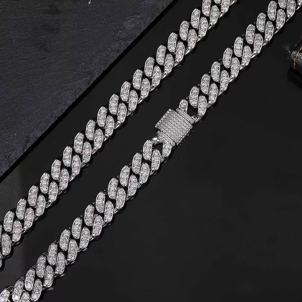 12mm Hip Hop Iced Out Cuban Link Necklace for Women Micro Pave Shiny Moissanite Cuban Chain with 925 Sterling Silver