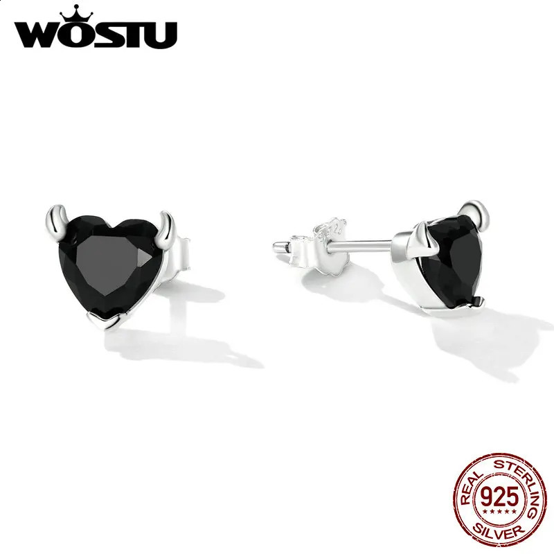 WOSTU Classic 100% 925 sterling silver devil heart earrings Exquisite black zircon earrings Exquisite anniversary jewelry 250409