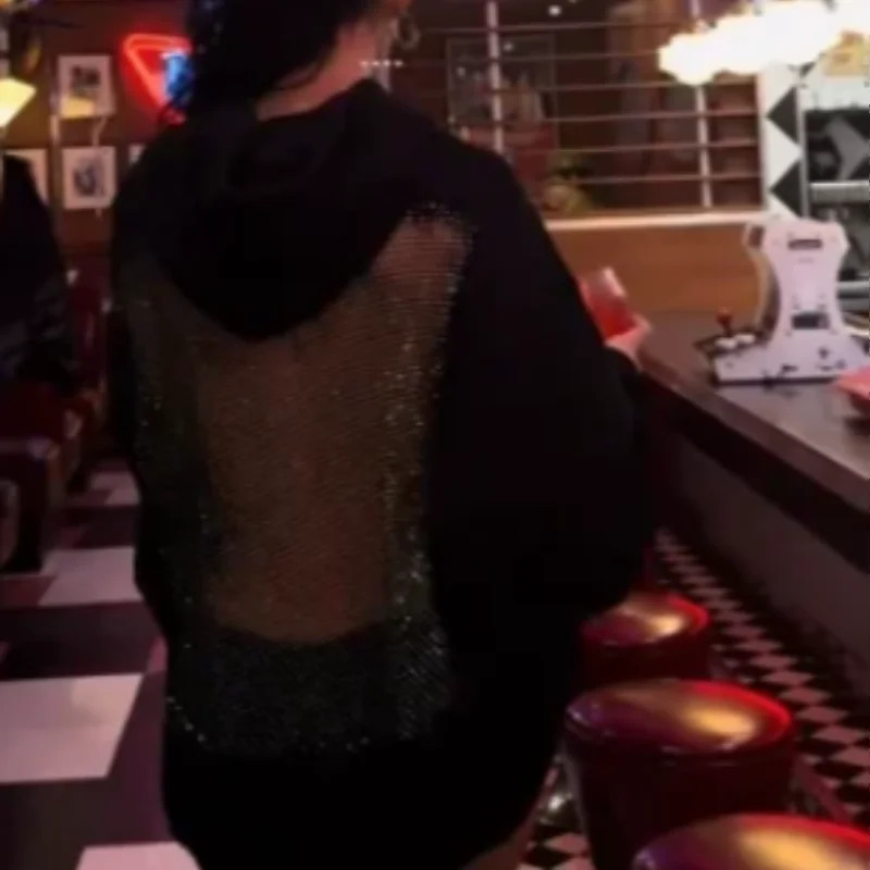 Chic Hollow Out Hooded Jacket For Women Gothic Hollow Mesh Sweatsuit Solid Spliced Streetwears Lady Fashion Y2k Outwear 251105