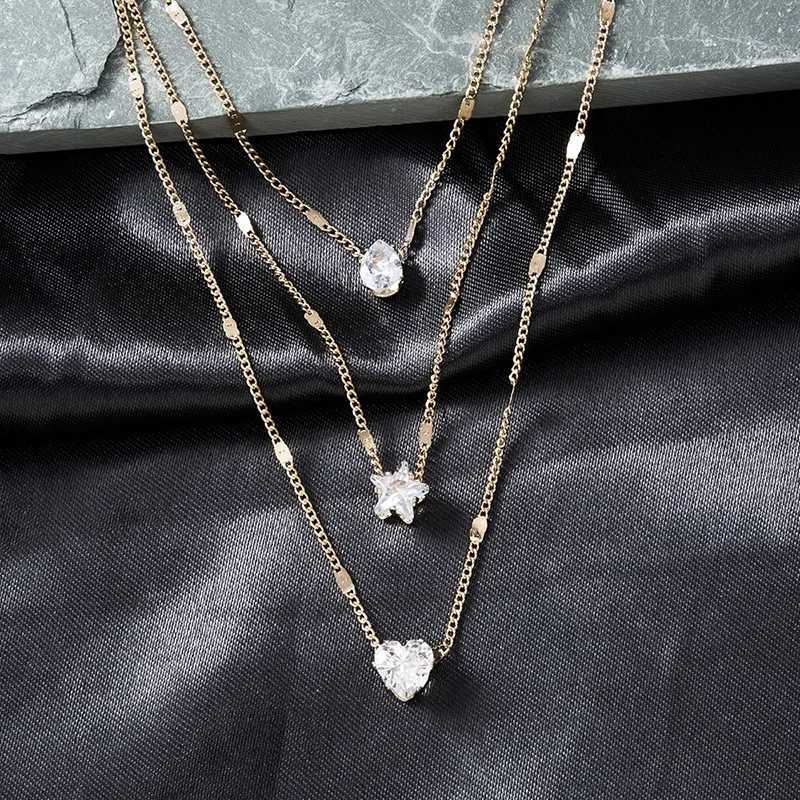 FTCY 3 Pcs Vintage Crystal Love Heart Necklace Set for Women Simple Multilayered Gold Color Womens Necklace Hypoallergenic JewC250411