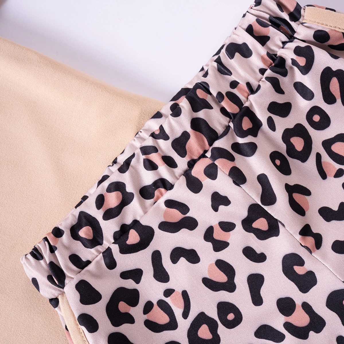 Childrens leopard print set fashionable summer sportswear solid color top+shorts sportswear casual set fashionable daily clothingXJ250410