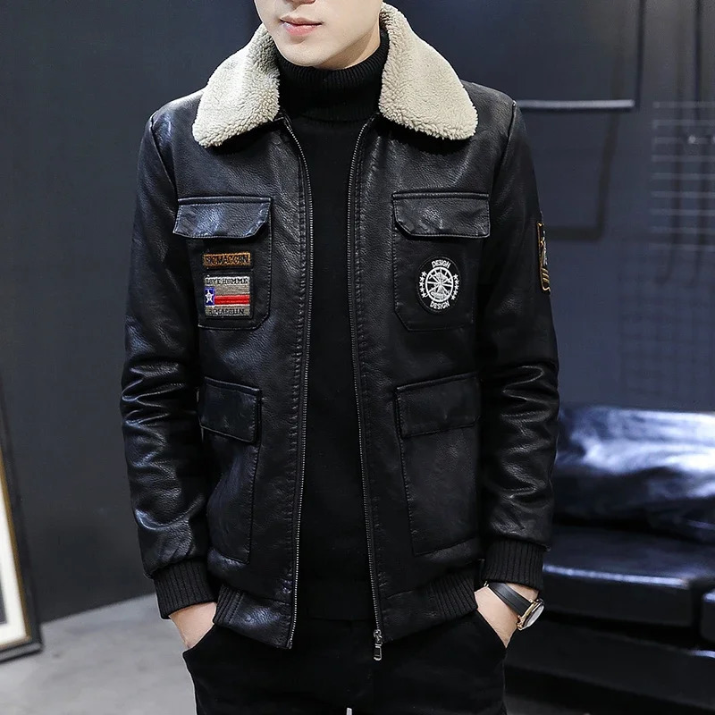 Faux Leather Jacket Men Fashion Badge Patches Male Thicken Pu Jackets Winter Fur Collar Plush Lining Motorcycle Moto Coat Men 251106