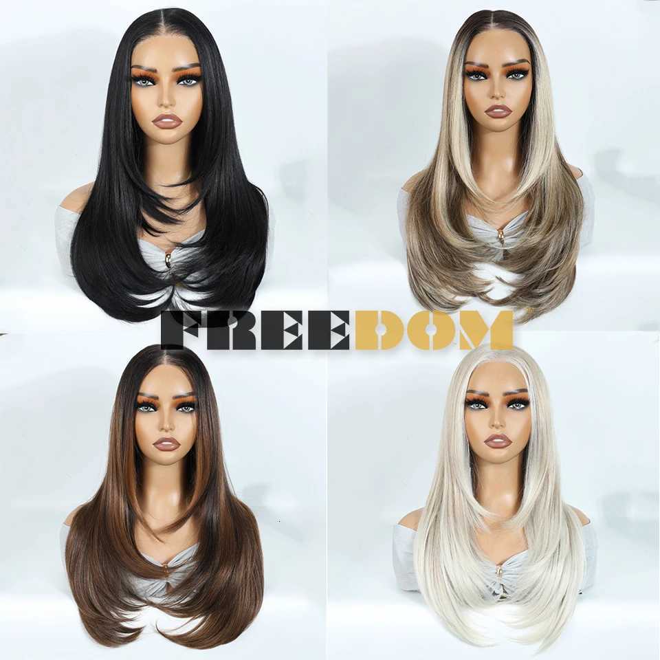 Synthetic Lace Front Wigs For Black Woman Layered Straight Wear and Go Glueless Wigs Ombre Brown T Part 6x4 Pre Plucked WigT251111