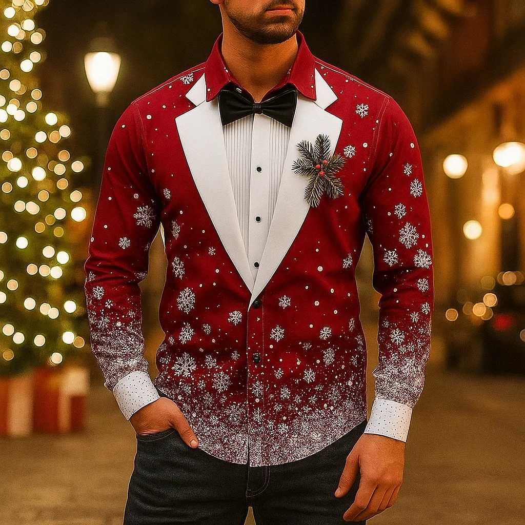 Mens Christmas Snowflake Formal Shirts 3D Printed Tie Design Elegant Tuxedo StyleHoliday Party Wedding AttireSpring Fall Wear K251110