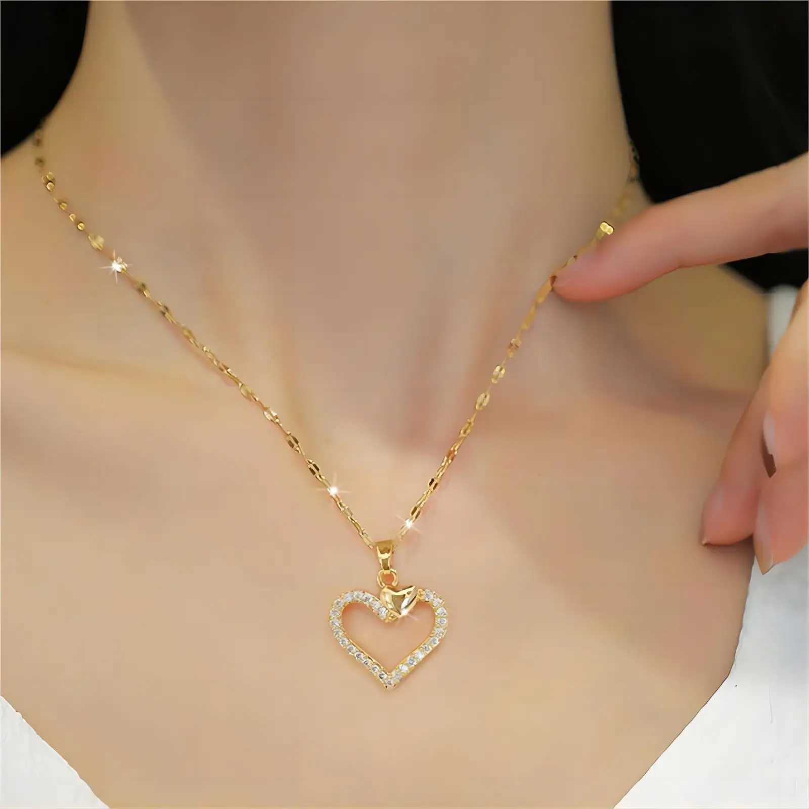 Trendy Heart Stainless Steel Zirconia Necklaces For Women Girls Love Gold Color Metal Necklace Party Birthday Daily JewelryC250411
