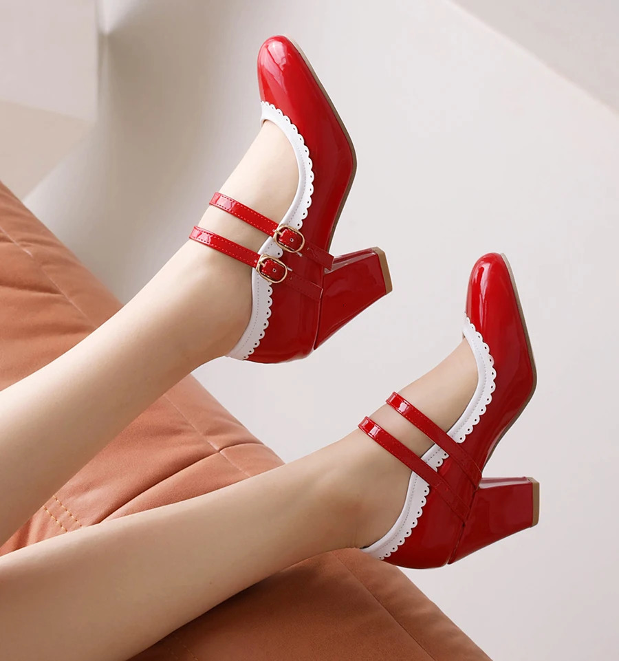 LIHUAMAO candy color patent leather Mary Jane shoe chunky heel women shoes ankle strap pumps party cosplay uniform wedding shoes 251106