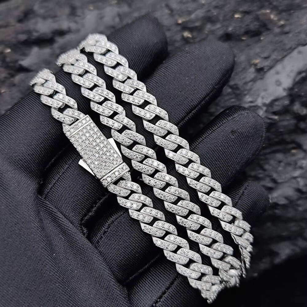 Nuoya 925 Silver Jewelry 8mm Prong Cuban Link Chain Iced Out Pass Diamond Tester VVS Moissanite 925 Sterling Silver Necklace