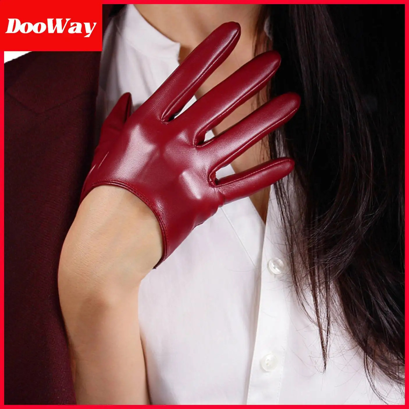 DooWay Womens Burgundy Latex Gloves Short Half Palm 5-inch Faux Lambskin PU Dark Red Party Cosplay Evening Dressing Glove 250408