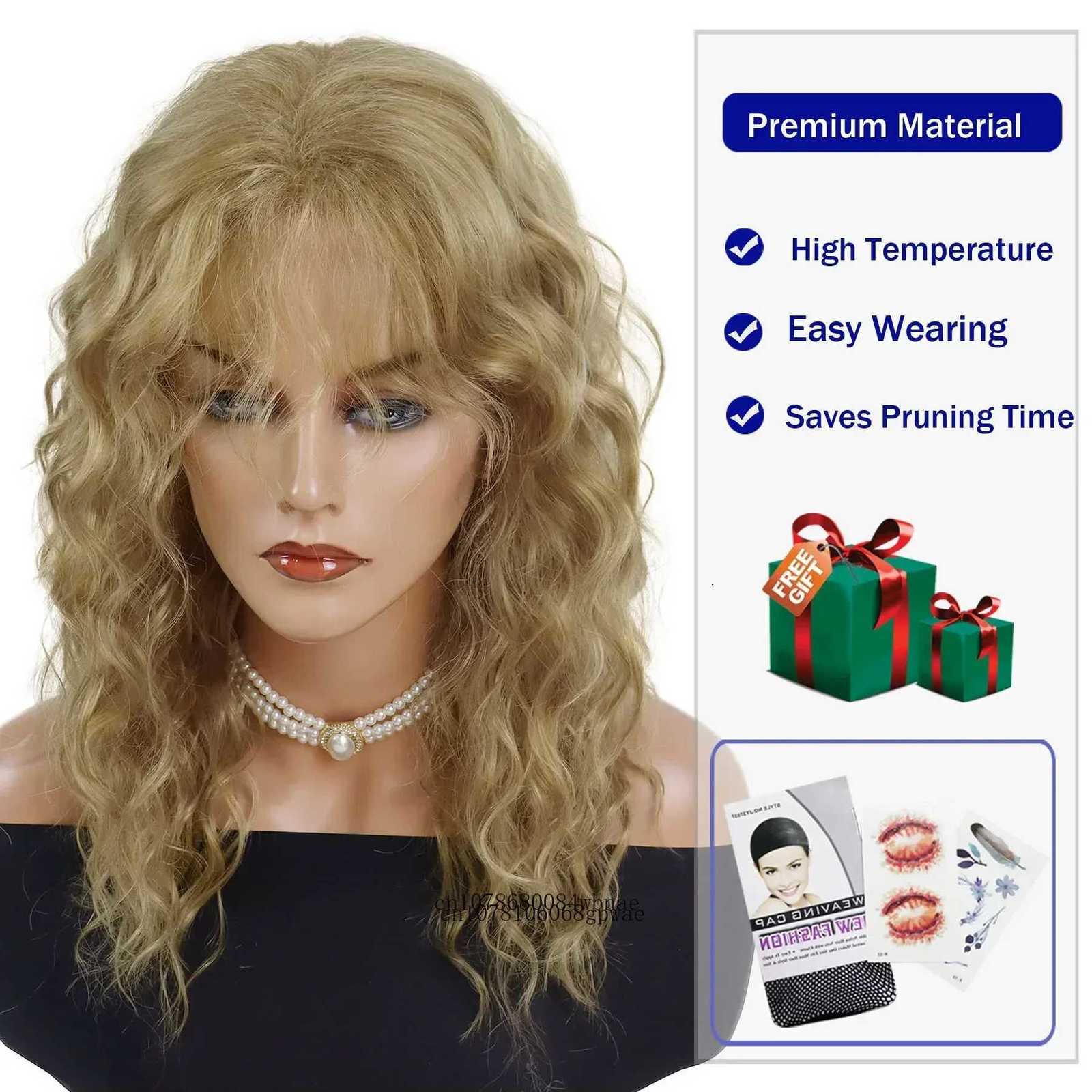 Synthetic Blonde Hair Long Wavy Wigs for Women Halloween Cosplay Wig with Bangs Natural Wave Mommy Wig Daily Use Heat ResistantT251111