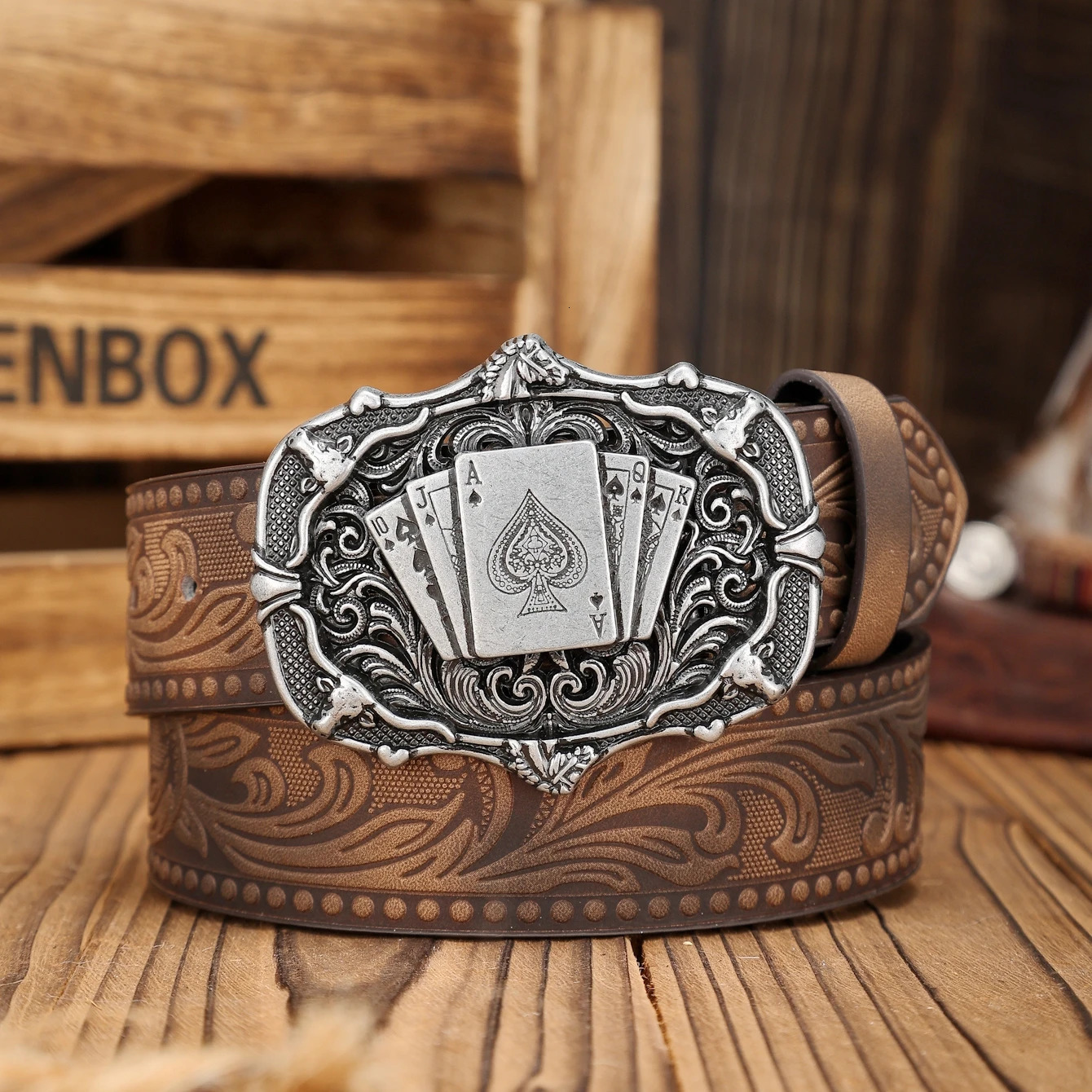 A Westernbuckle PU belt suitable for both men and women a unique retro brown with perforated nails included 251031