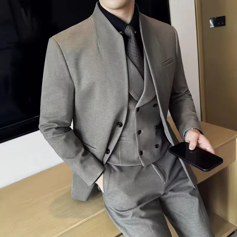 Chinese style collarless wool mens suit slim fit business suit wool suit 3-piece set wedding formal mens suit 251107