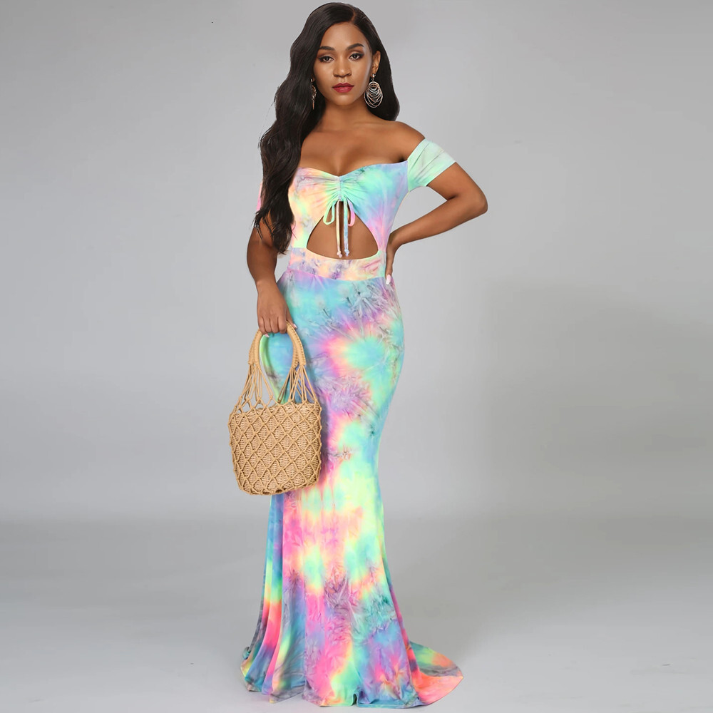 5530 Sexy Off Shoulder Open Navel Tie Dye Dress