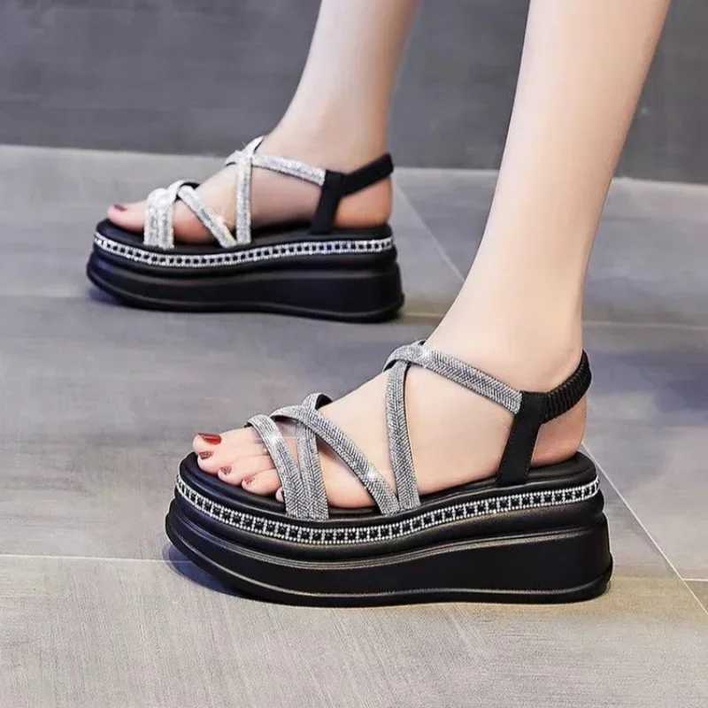 Hot womens platform shiny sandals new summer 7.5CM high heels womens crystal wedge beach walking shoes slippers sandalsXJ250410