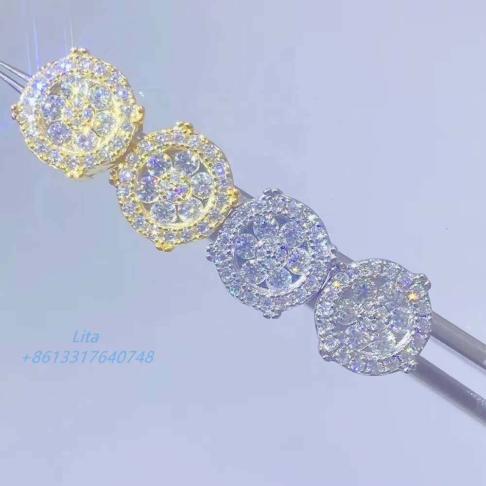 Ready to Ship Wholesale Iced Out Vvs Moissanite 925 Jewelry Gold Silver Round Stud Earrings