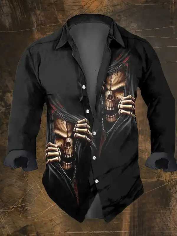 2024 Mens Vintage Dark Skull Print Long Sleeve Shirt - Skull PrintRegular Fit Lapel Collar Polyester BlendHalloween Party K251110