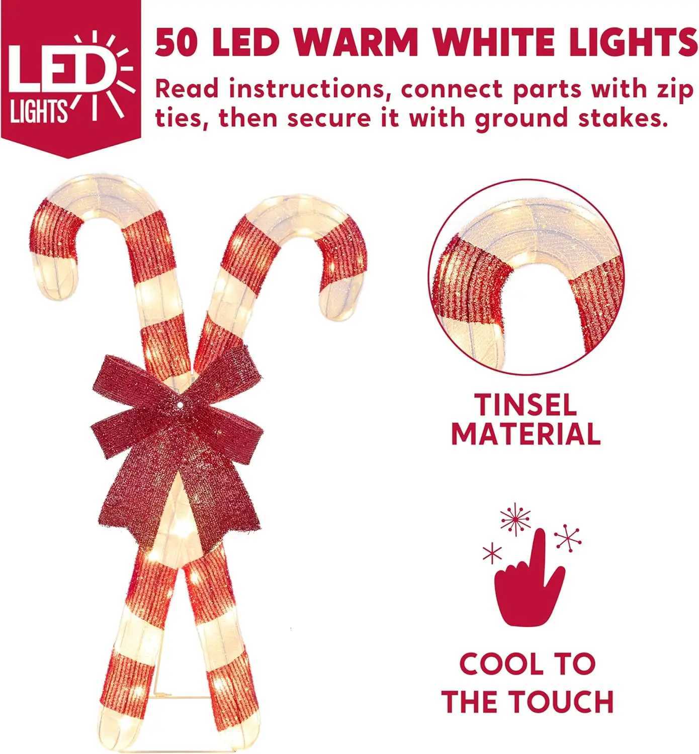 Christmas JOYFY Lighted Candy Cane Christmas Decorations 50 Pre-Lit LED Warm White Candy Canes Lights for Christmas Yard Decor Ornaments Y251111