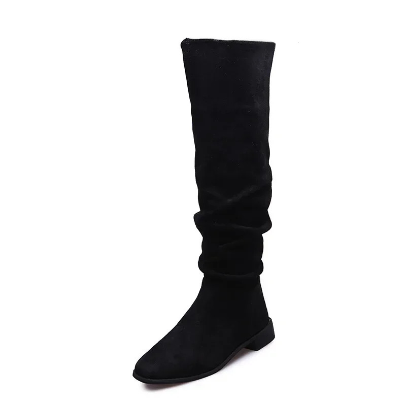 Pleated Boots Women Black Nude Faux Suede Flock Knee High Boot Ladies Flat Autumn Winter Dress Shoe 43 Solid Slip on Botas 251110
