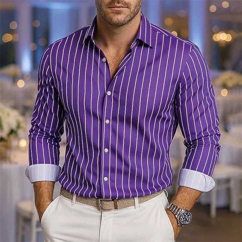 Mens loose striped shirt casual breathable lapel button long sleeve shirt festive wedding shirt soft and comfortable fabric K251110