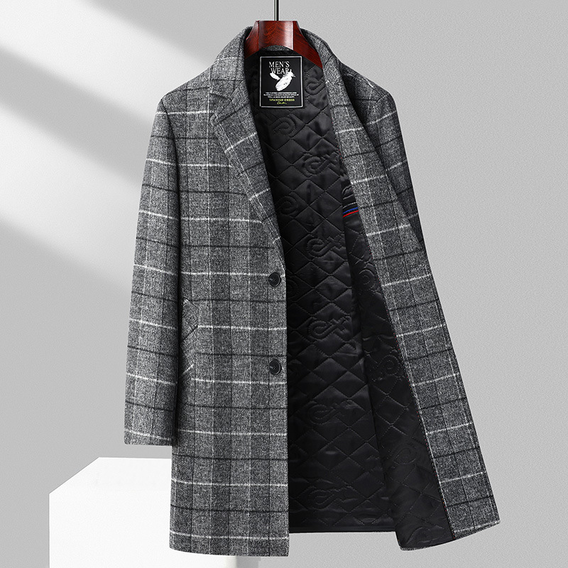 Fashion Thickened Autumn Plaid Wool Coat Men's Slim Fit Mid-Length Woolen Trench Coat Jacket