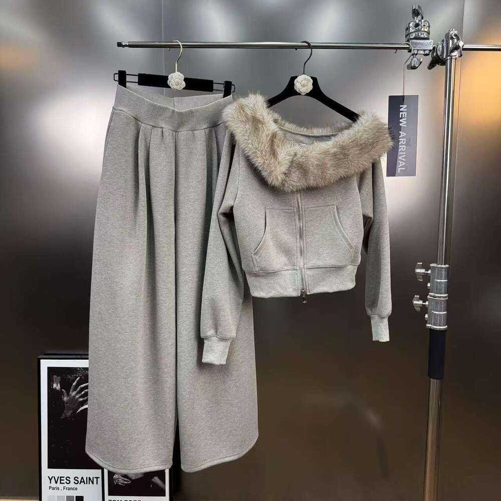 2025 Autumn American Retro Style Fur Collar Asymmetrical Shoulder Sweatshirt Jacket + Wide Leg Long Pants Casual Two-Piece Set