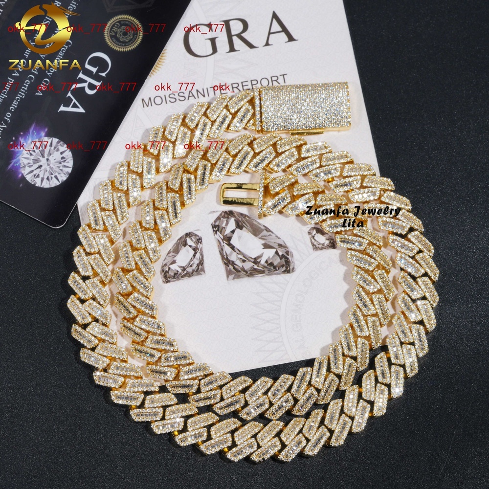 Hip Hop New Style Iced Out Silver 12MM Width Baguette Moissanite Diamond Gold Plated Cuban Link Chain