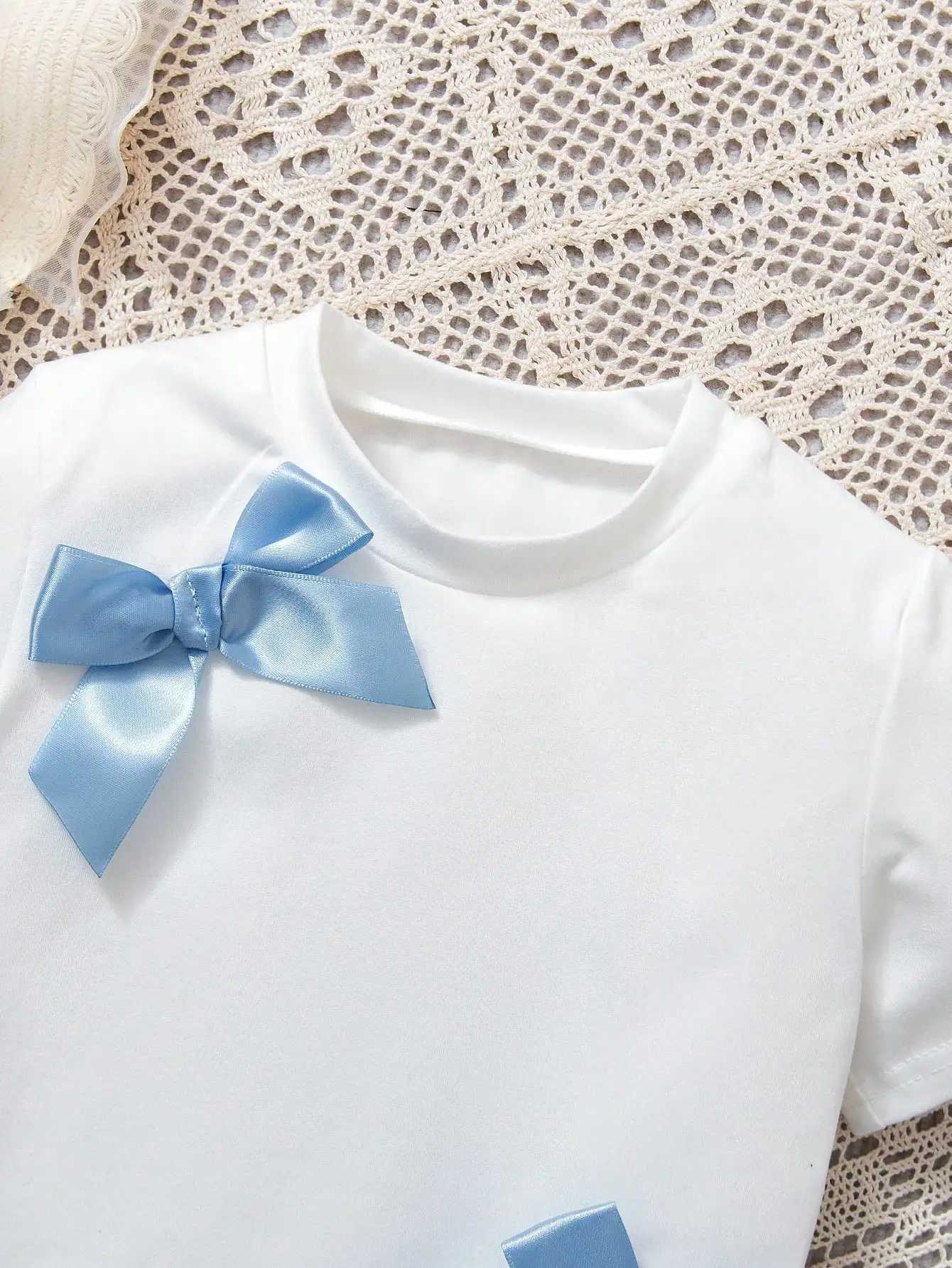 Girls Blue Bow Tee Tiered Skirt Set#Sweet Preppy Outfit for Ages 4-7School/PartiesS/SXJ250410