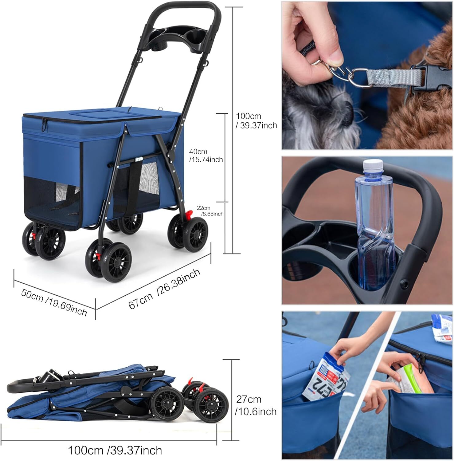 pet cart cat and dog cart travel folding pet strap blue
