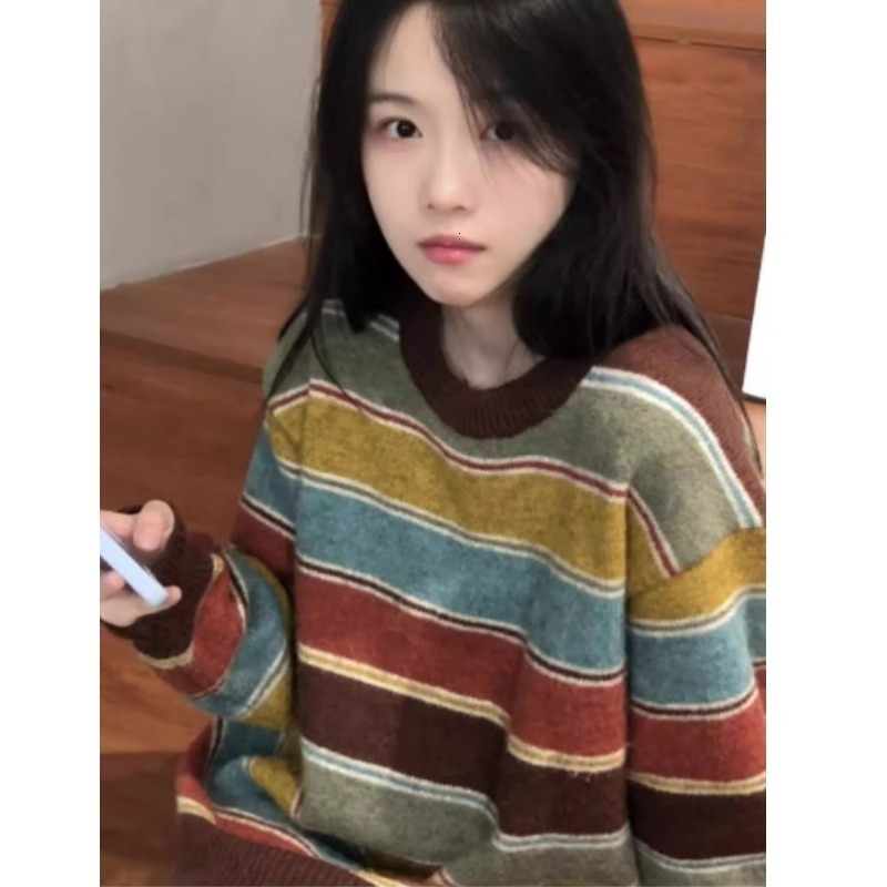 Women's Sweaters Y2k Aesthetic Sweaters O Neck Harajuku Pullover Womens Japanese Striped Jumpers Knitwear Autumn Grunge Contrast Color Pullovers 