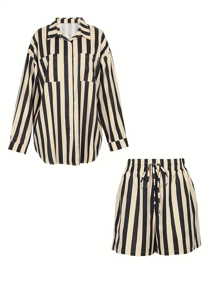 Plus Size Womens 2025 Spring and Summer Womens Striped Two Piece Shirt Long Sleeve Button Down Shorts Set 250410