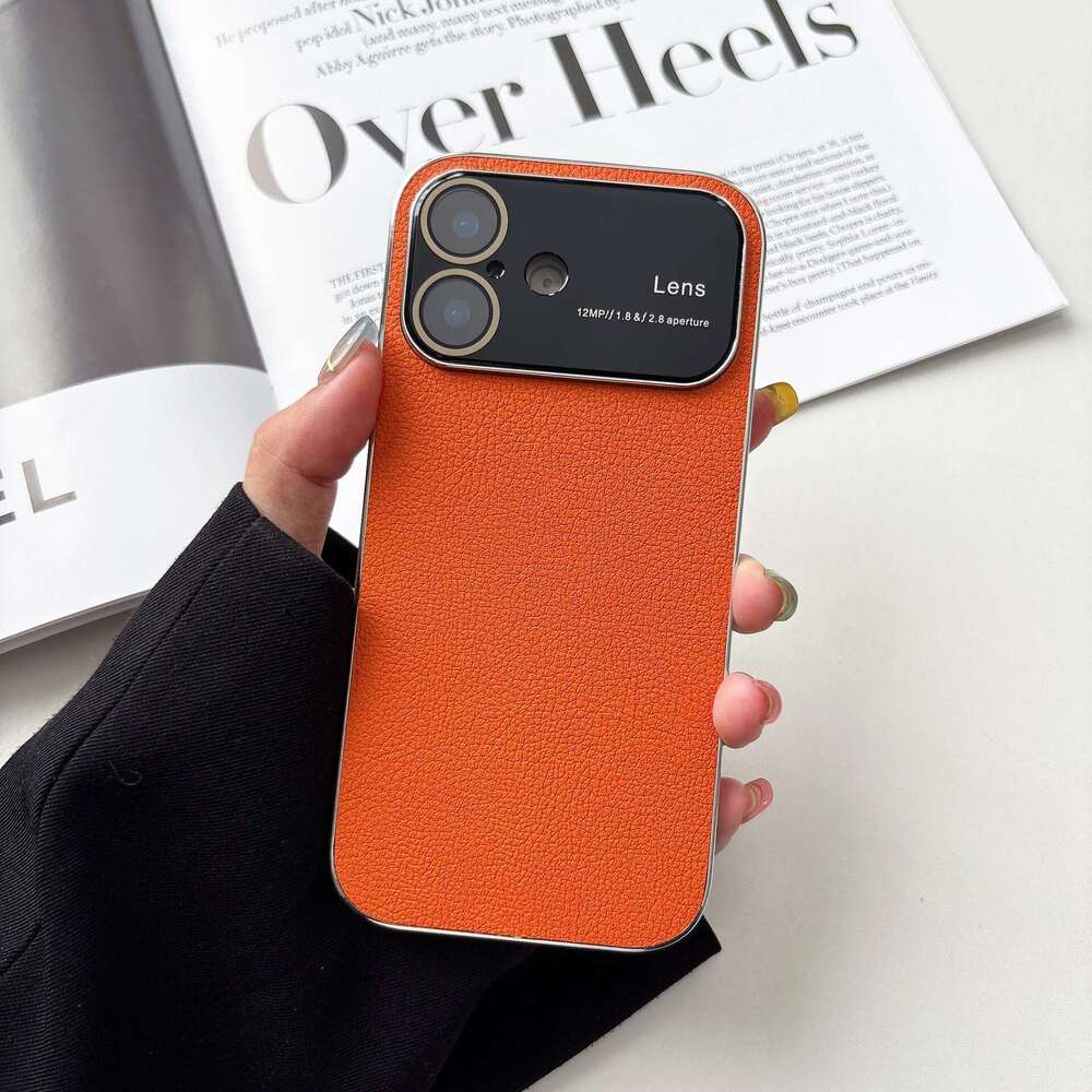 For iPhone 17 Pro Max Mobile Phone Case Lychee Pattern Large Window Electroplated Protective Cover Orange iPhone 16 Pro Max