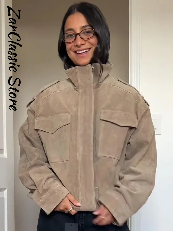 Vintage Womens Suede Bomber Jacket Loose Stand Collar Zipper Pockets Long Sleeve Female Coat 2025 Autumn Lady Casual Streetwear 251105