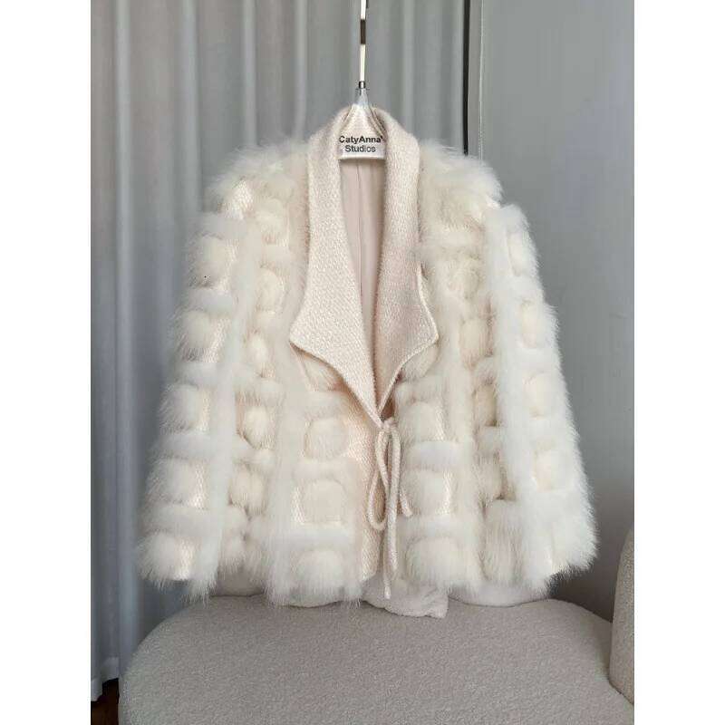 Young Women's Fox Fur Coat Knitted Open Cardigan Winter Fashion Design Long Sleeve Ice Cream Color Urban Style Adult Size