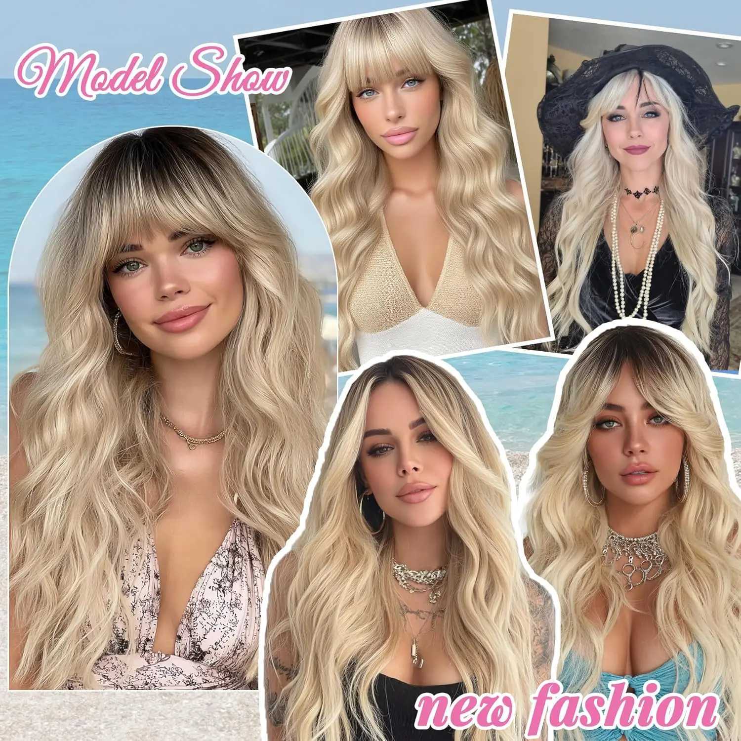 Ombre Blonde Wig with Bangs Long Wavy Wig Platinum Blonde Wigs for Women with Dark Roots Natural Synthetic Wigs Curly HairT251111