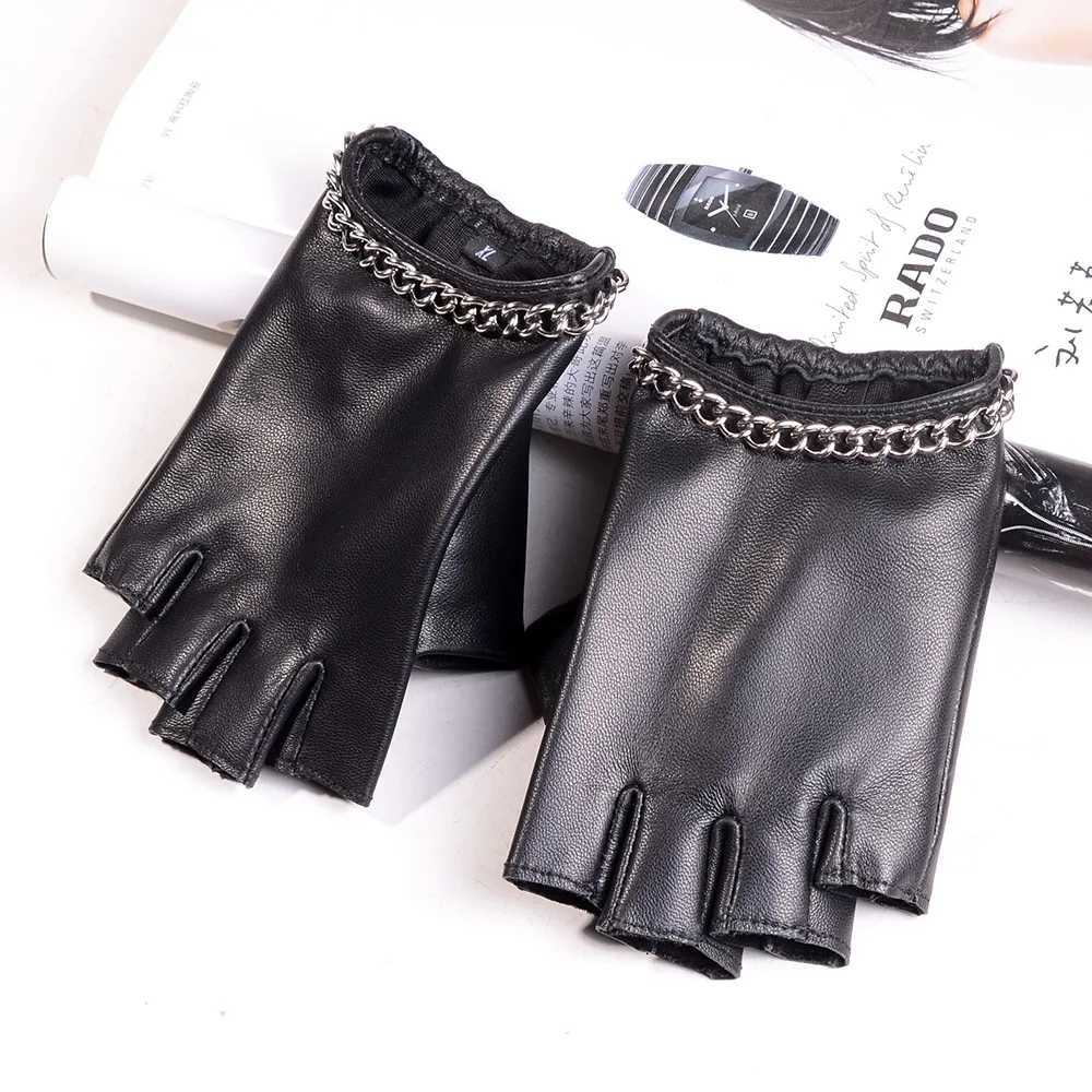 Womens Girls100 Real Leather Shrink Wrist Fashion Punk Fingerless Half Fingers Driving Riding Mittens GlovesW251111