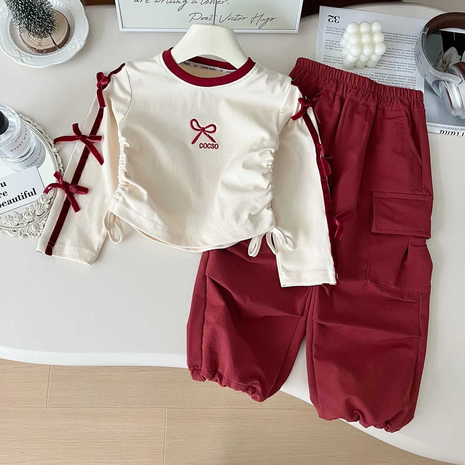 Autumn girls two-piece printed butterfly waist top+solid color cargo pants childrens clothing childrens clothing girls clothingXJ250410