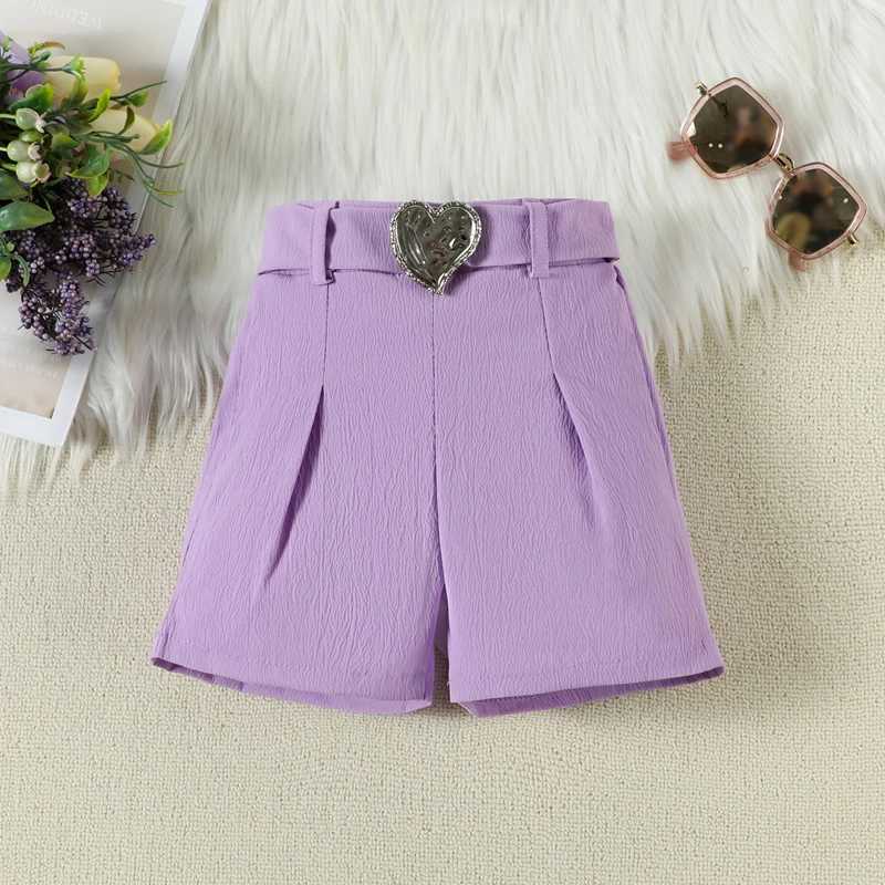 Childrens and Girls Summer Clothing Set Solid Color Sleeveless Heart shaped Crop Top+Belt Shorts 2PCS Childrens Casual ClothingXJ250410