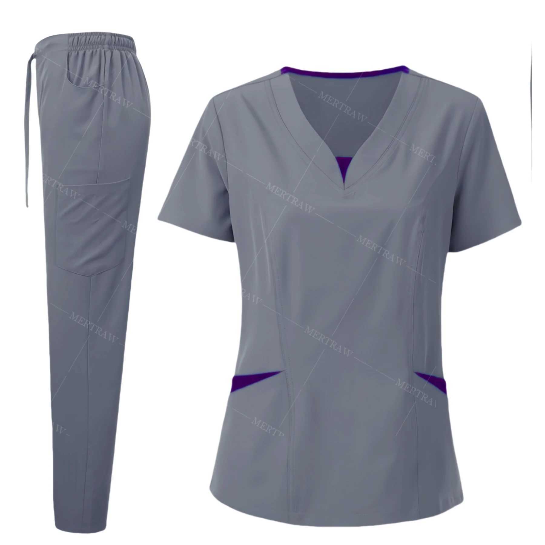 A frosted suit suitable for female nurses stylish V-neck oversized nursing shirt beautiful solid color workwear frosted top and pants X250410