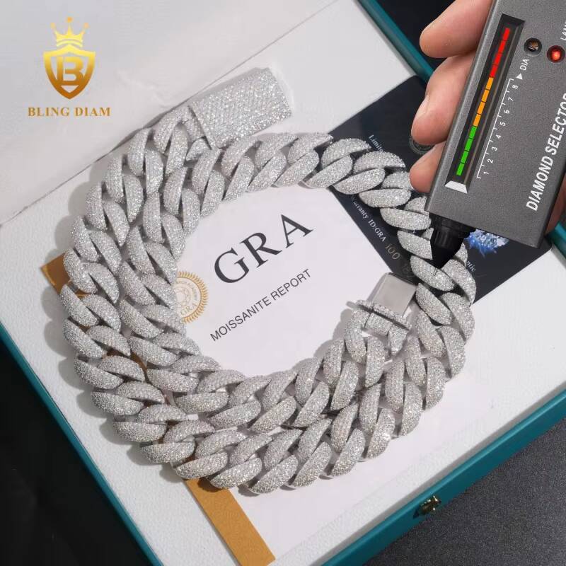 Hip Hop Fine Jewelry Rapper Sterling Silver 925 Necklace Iced Out VVS Moissanite Diamond Miami Cuban Link Chain Necklace